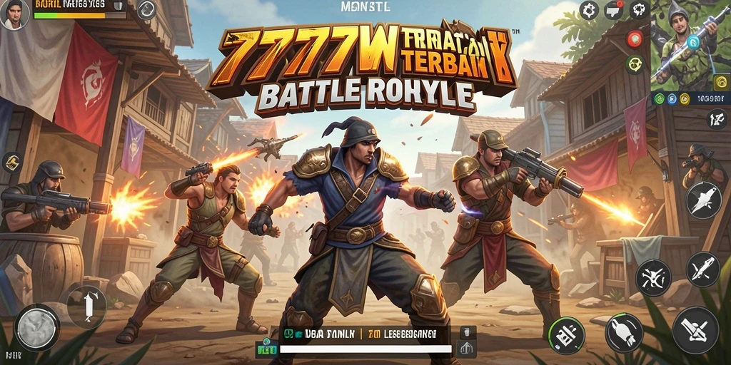 Screenshot utama menunjukkan aksi seru dalam permainan Battle Royale.
