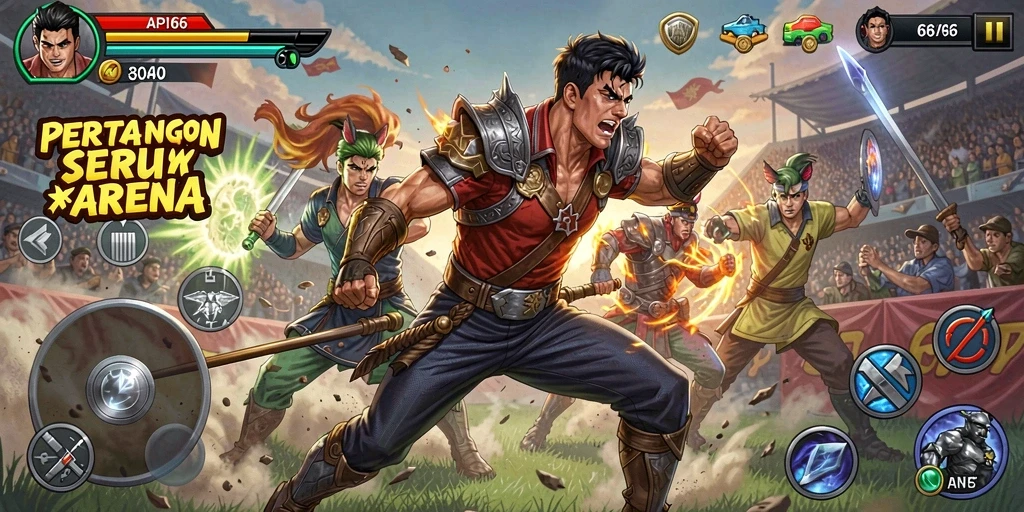 Gambaran seru dari gameplay Fighting di API66 dengan karakter yang beragam.
