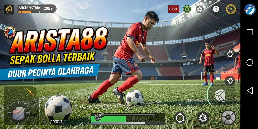 Tampilan gameplay ARISTA88 dengan aksi seru di lapangan sepak bola.