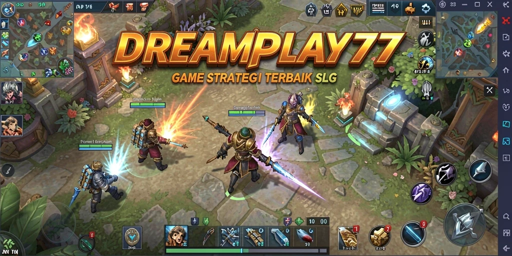 Screenshot gameplay menunjukkan pertempuran epik dalam <strong>DREAMPLAY77</strong>.