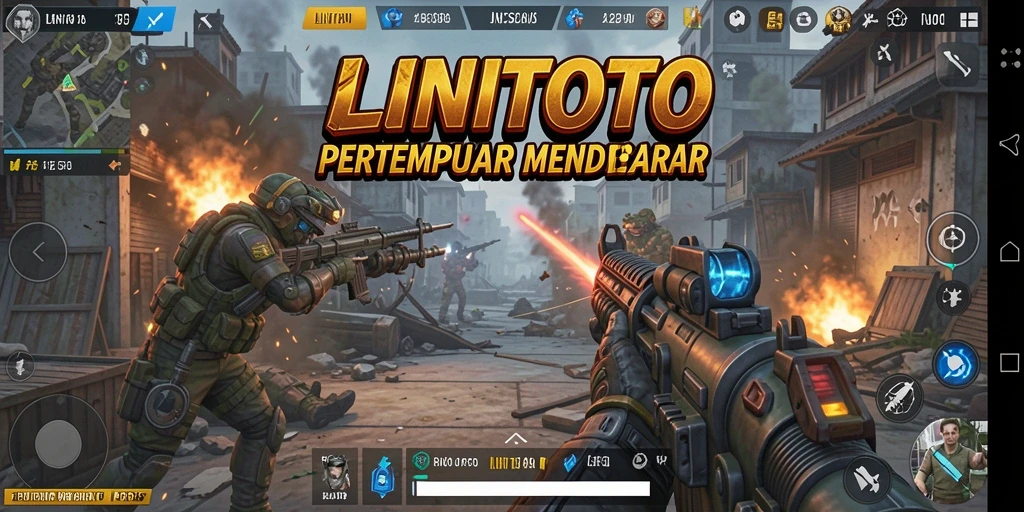 Tangkapan layar LINITOTO menampilkan aksi tembak-menembak yang seru.