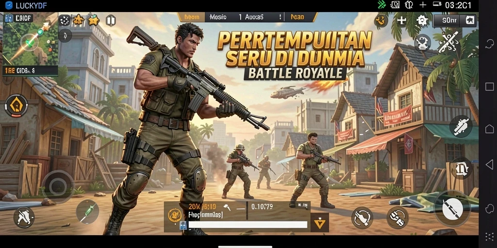 Tangkapan layar utama LUCKYDF menampilkan aksi mendebarkan dalam pertempuran Battle Royale.