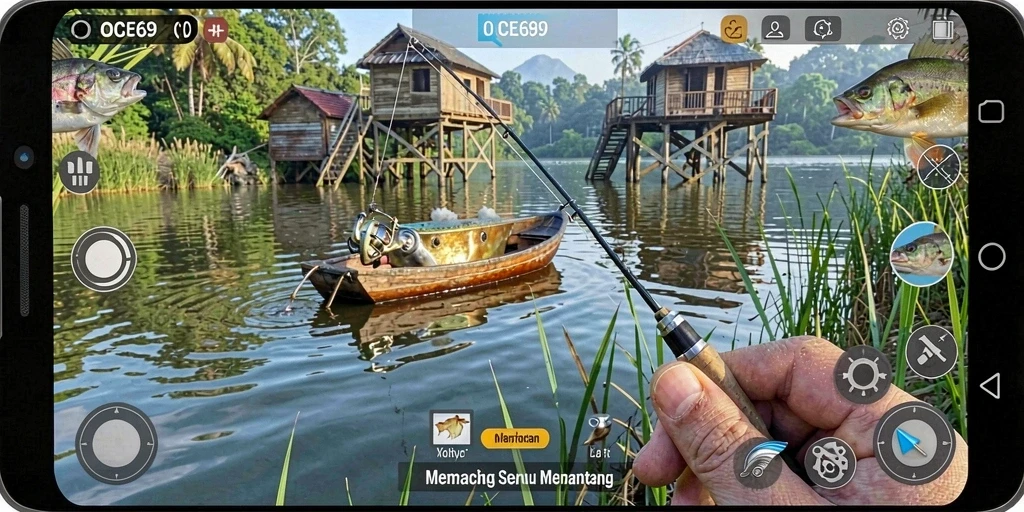 Screenshot gameplay OCE69 menunjukkan aksi seru memancing ikan.