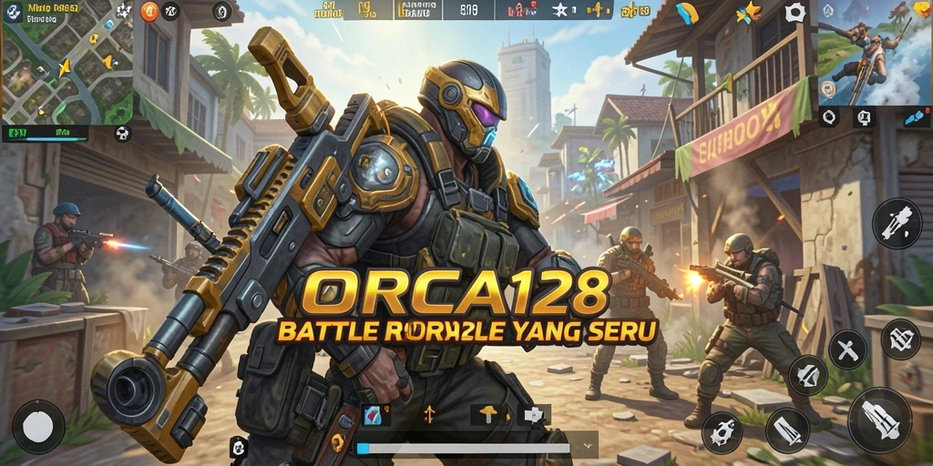 Screenshot ORCA128 menampilkan aksi seru di arena Battle Royale.