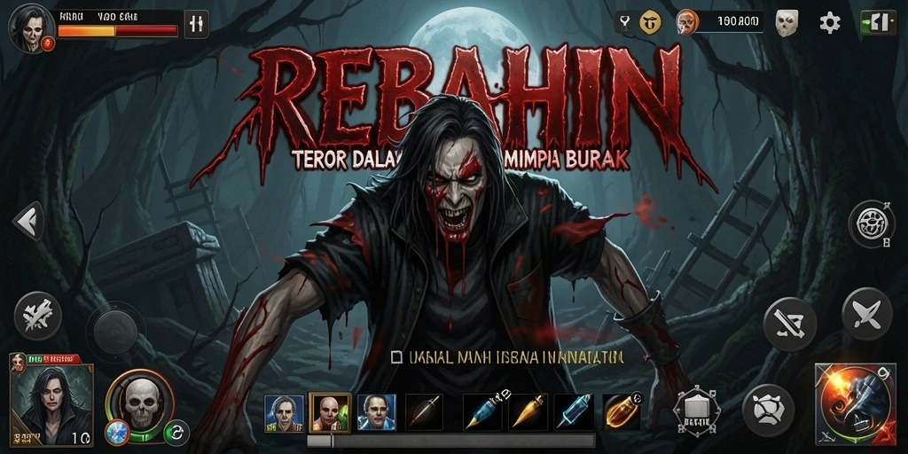 Tampilan gameplay menegangkan di REBAHIN dengan suasana horor yang kuat.