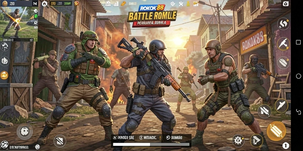 Screenshot ROKOK88 memperlihatkan pertempuran seru dalam arena Battle Royale.