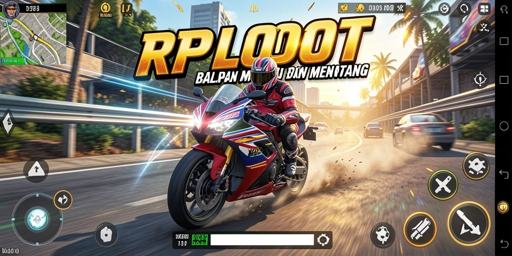 Screenshot gameplay RPLOOT menampilkan balapan motor yang seru dan penuh aksi.